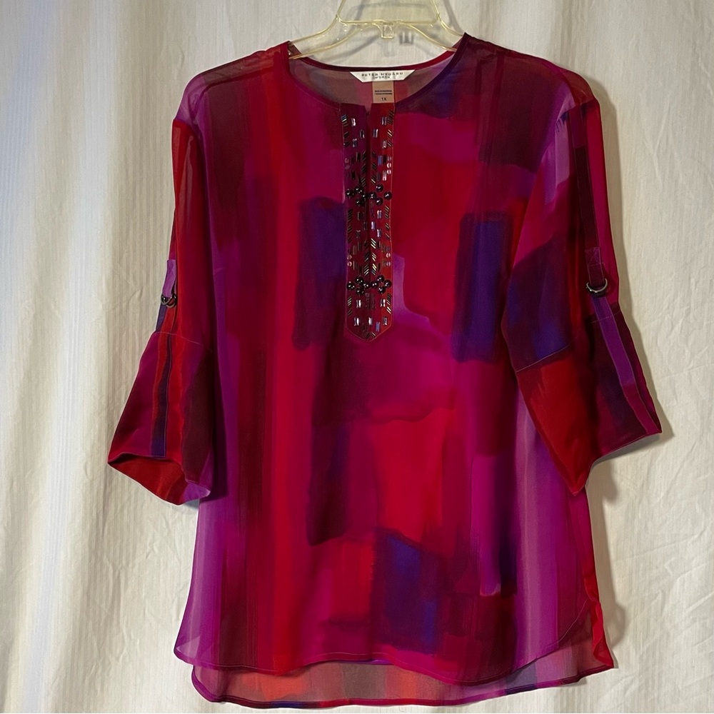 Peter Nygard Red and Purple Sheer pull on Blouse/tunic